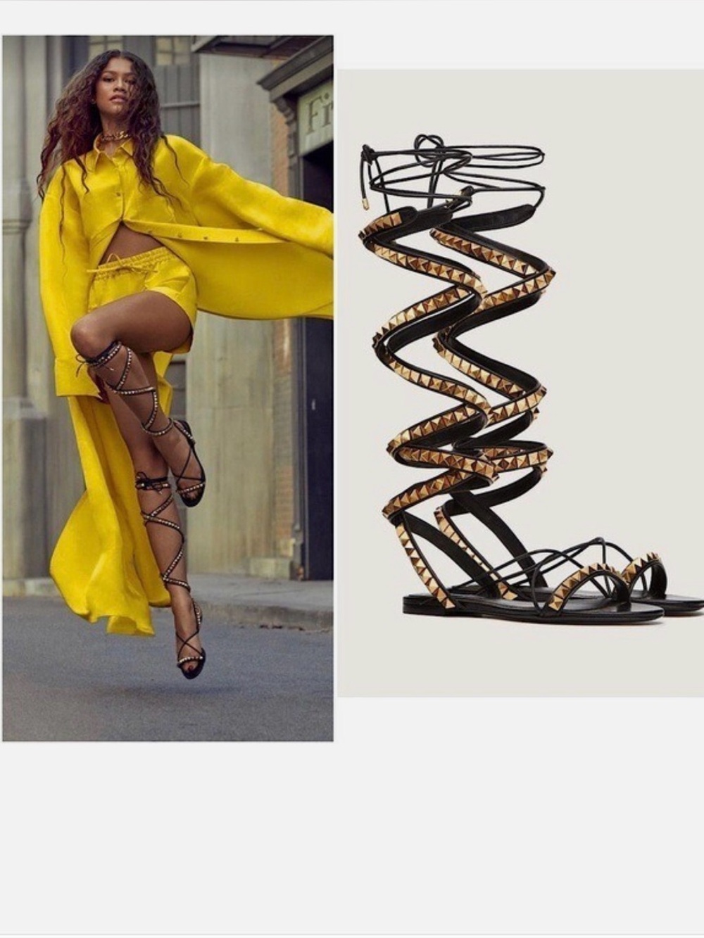 Valentino Garavani Black Leather Lace-Up Gladiator Sandals with Gold Rockstuds